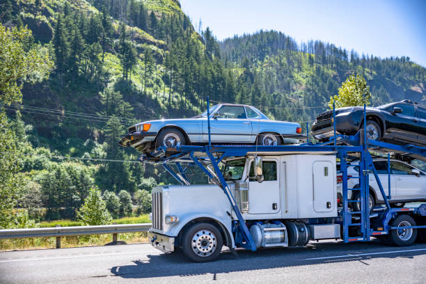 Industrial Big rig white classic car hauler semi truck tractor transporting cars on the hydraulic two level semi trailer driving on the one way highway road in green Columbia Gorge Recreation area